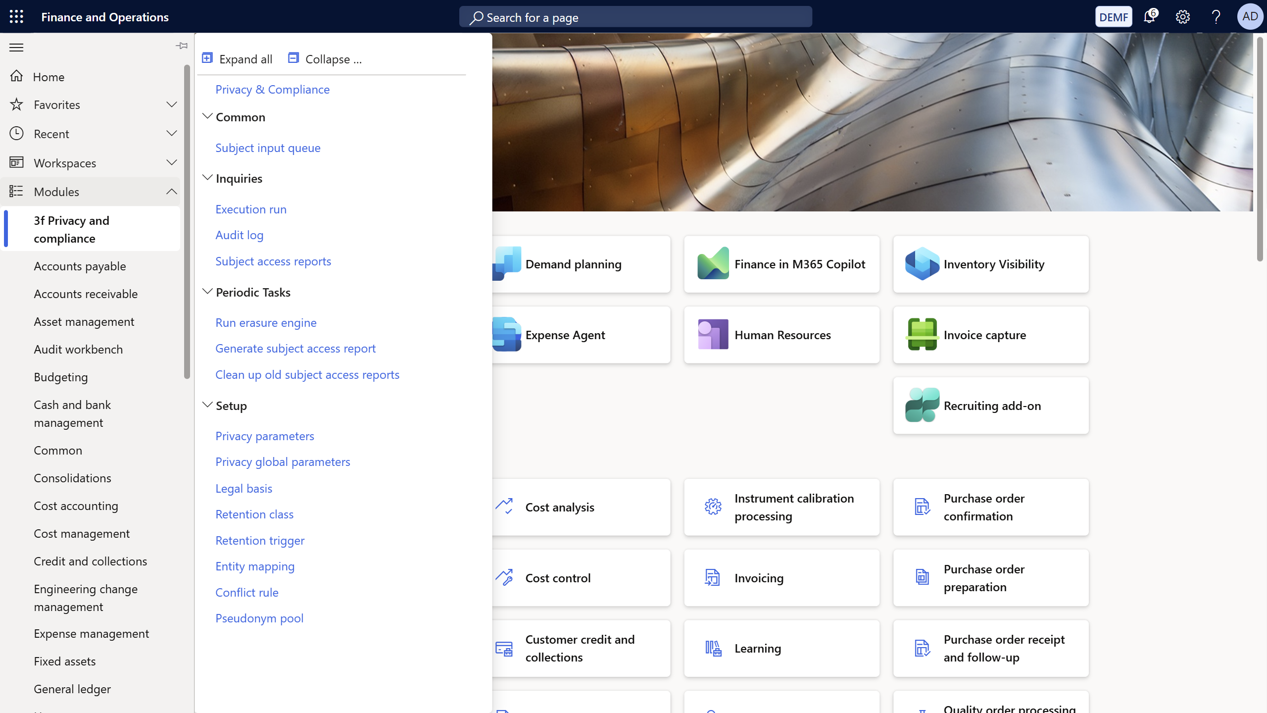 Das Modul ‚Privacy & compliance‘ in Dynamics 365 F&O bündelt Abfragen, periodische Aufgaben und Setup.